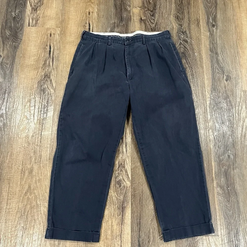 VTG Polo Ralph Lauren Andrew Pant W35 L30 Navy Blue Double Pleated Cuffed Hem